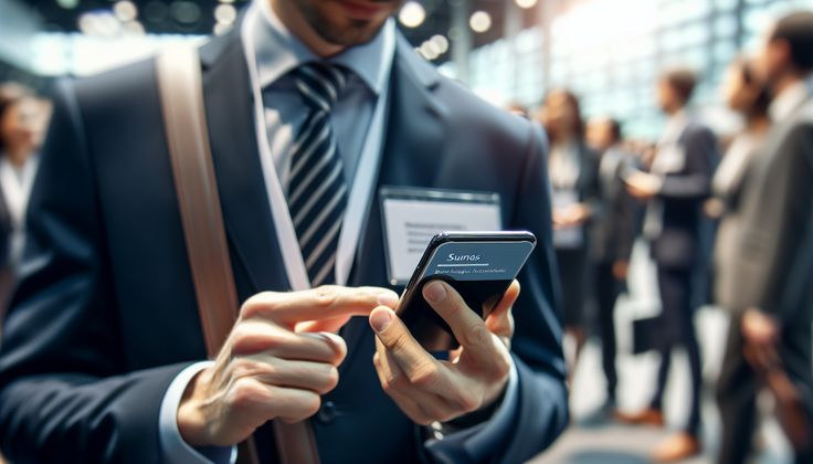 A business professional using a smartphone to share a digital business card at a conference.