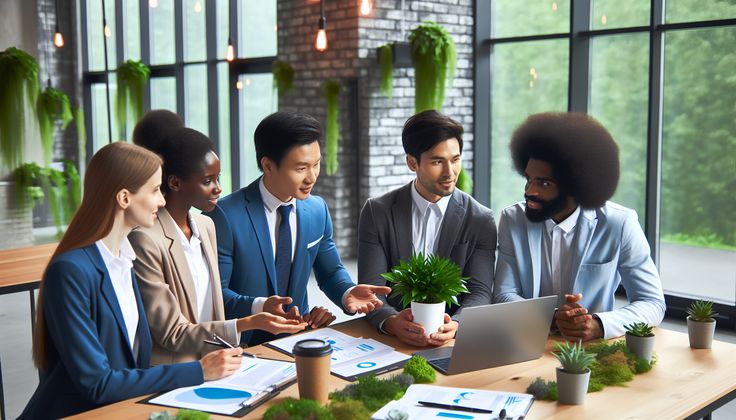 A group of business professionals discussing sustainable strategies in a modern office