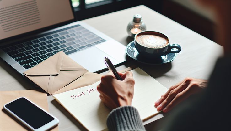 A person writing a thank you note on a desk with a laptop and coffee