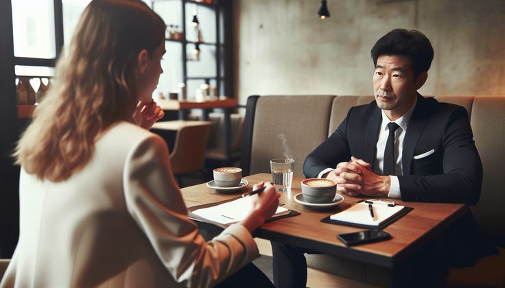 A professional conducting an informational interview over coffee