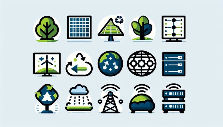 Icons representing eco-friendly and digital networking solutions